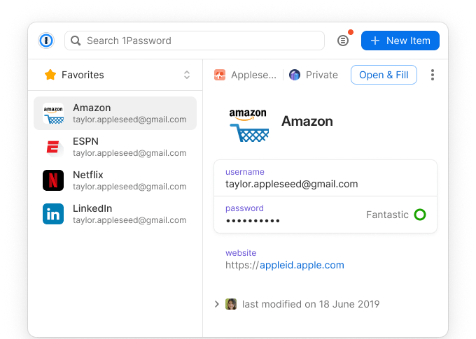 L'extension de navigateur 1Password affiche une liste d'éléments favoris à gauche, avec l'élément en surbrillance, un identifiant pour Amazon.com, affiché dans la vue détaillée de l'élément à droite, ainsi qu'un champ de recherche et un bouton Nouvel élément en haut.