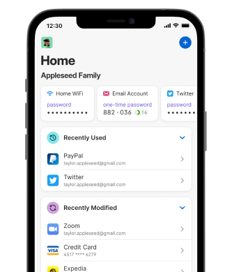 iPhone affichant l'écran d'accueil de 1Password avec des champs épinglés, notamment le mot de passe à usage unique pour un compte e-mail et le mot de passe Wi-Fi de la maison, ainsi que les sections «Récemment utilisés» et «Récemment modifiés». Un iPad est centré en arrière plan, affichant tous les éléments de toutes les catégories dans la colonne du milieu, et la vue détaillée des éléments pour PayPal.com dans la colonne de droite.